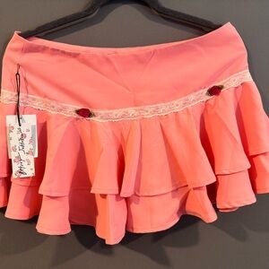 Betsey Johnson Coral Pink Ruffled Mini Skirt with Lace Trim